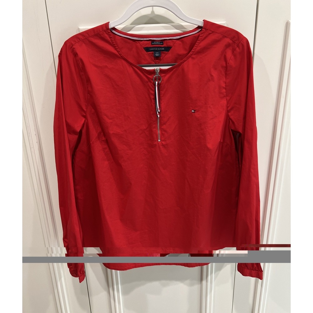 Tommy Hilfiger Red 1/4 Zip Cotton Blouse Nautical Preppy Flag Yacht Club USA